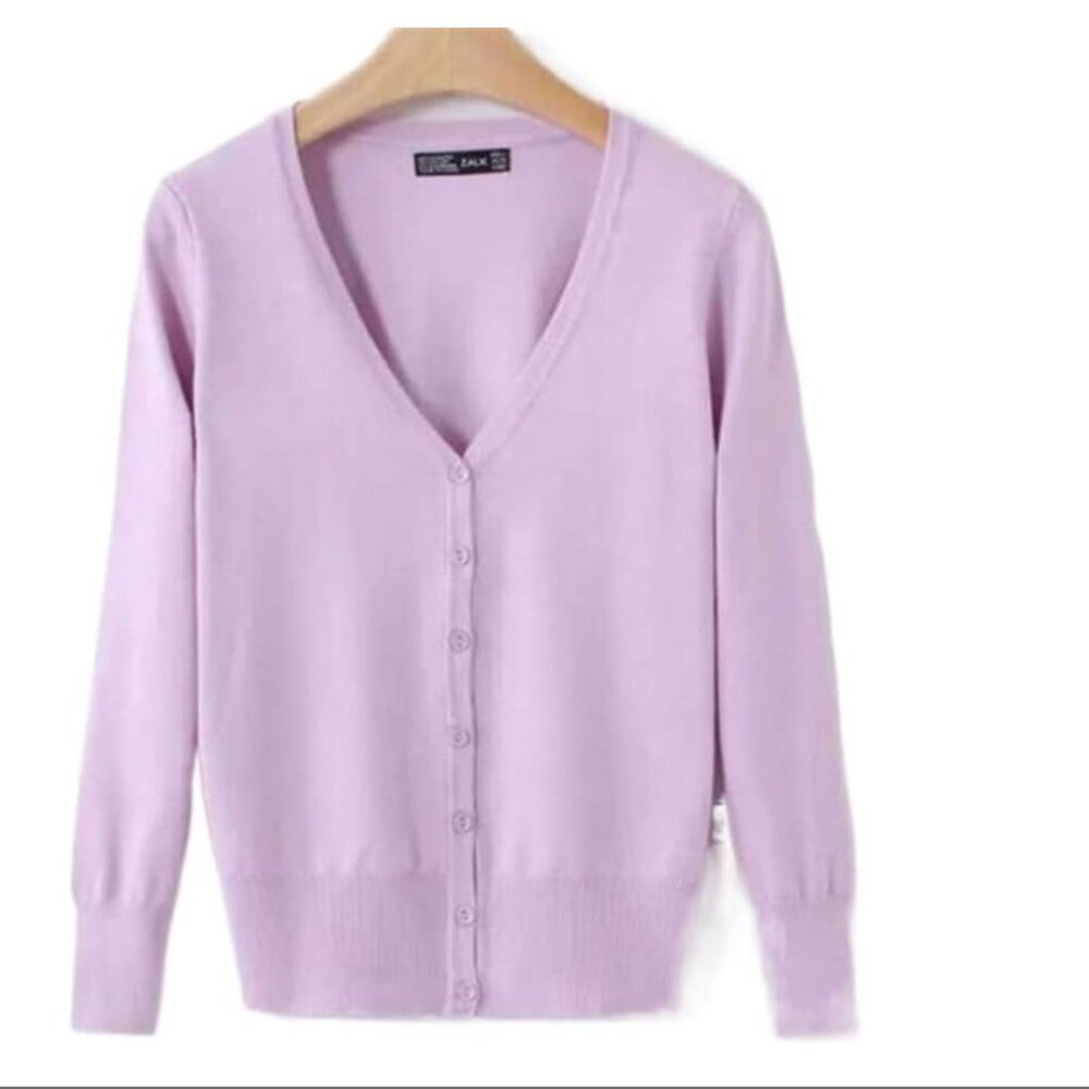 New Zara Solid Purple V-Neck Knitted Cardigan Jacket Long Sleeve Crochet Sweater